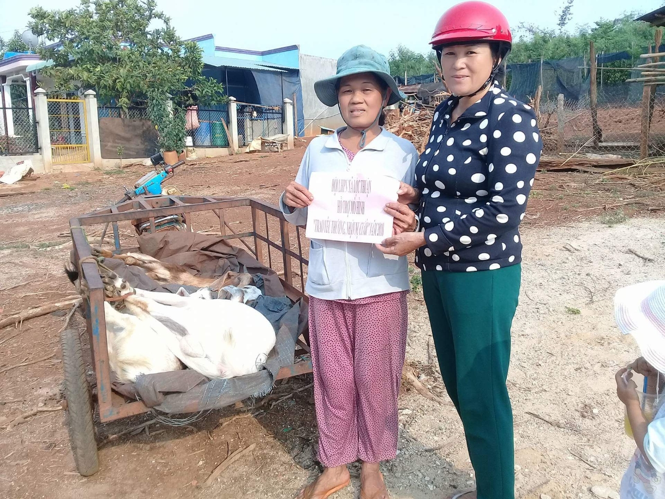 Hình ảnh: Chị Hoàng Thị Tâm- Phó CT Hội LHPN xã Lộc Thuận trao dê giống cho chị Lưu Thị Nhựa.